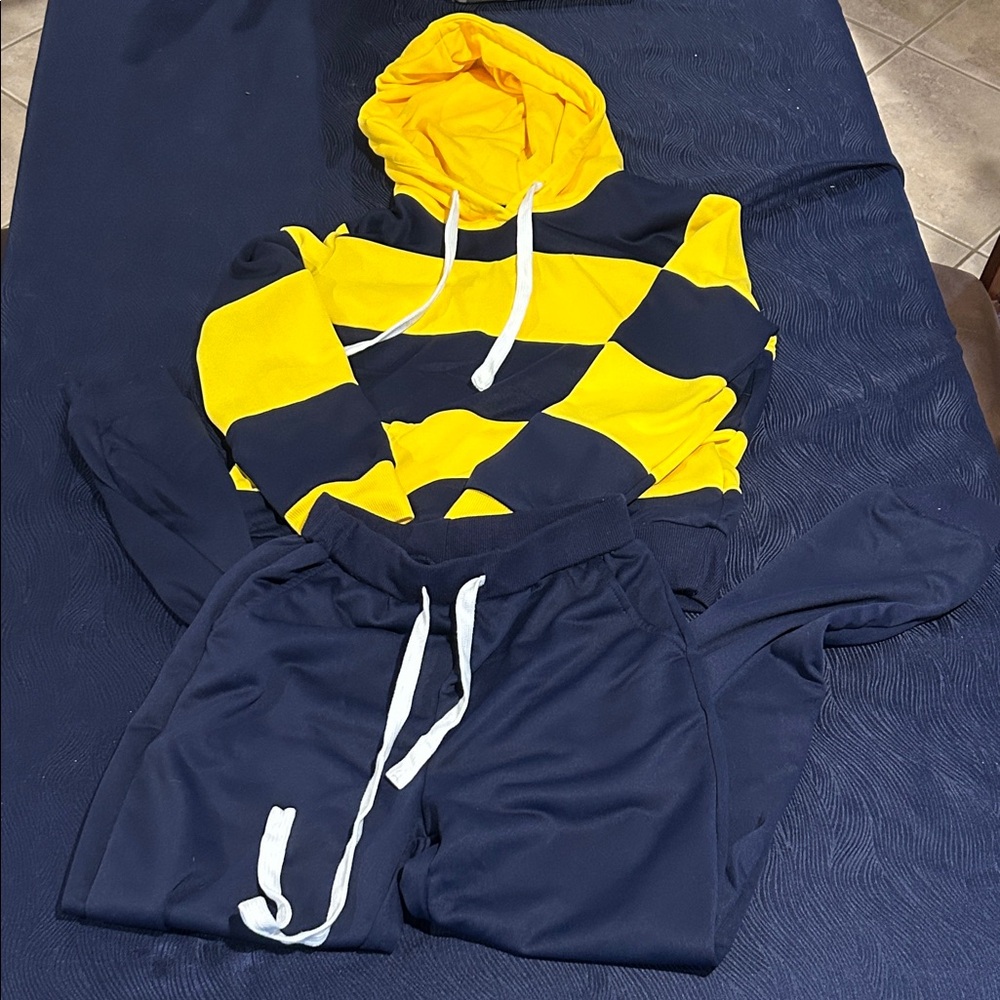 Yellow and Navy striped Hoodie Set
